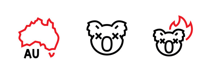 Australia Wildfire is Burning trees and Koala vector icon. Editable line