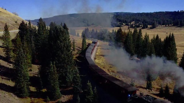 aerial view of Cumbres & Toltec Scenic Steam Train, from Chama, New Mexico to Antonito, Colorado over Cumbress Pas