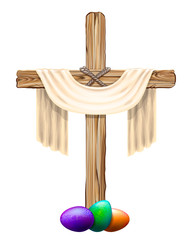 Wooden cross with a cloth and colored eggs. Hand-drawn, artistic image of a wooden cross with a canvas and eggs on a white background.