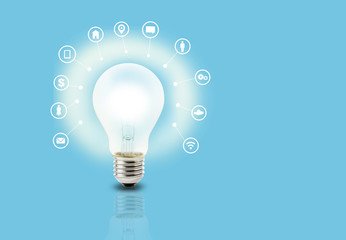 Light bulb and white icons social symbol on light blue background, Bright different idea can grow your social network concept