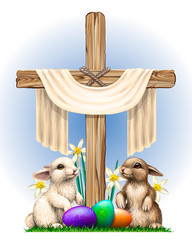 Celebration of Easter. Wooden cross with a cloth, rabbits, daffodils and colored eggs on the grass. Hand-drawn, artistic image of Easter elements on a white background.