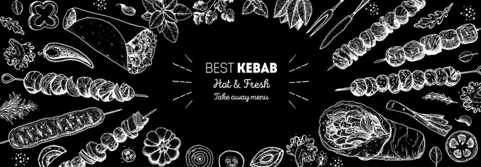 Obraz na płótnie Canvas Doner kebab cooking and ingredients for kebab, sketch illustration. Arabic cuisine frame. Fast food menu design elements. Shawarma hand drawn frame. Middle eastern food.