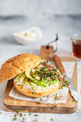 Healthy sandwich with bread, fresh avocado and cheese garnished with radish microgreens. Healthy eating concept. Avocado, ricotta cheese and radish sprouts