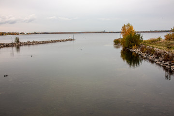 Autumnal view from Lake Cospudener See a former brown coal opencast mine in the south of Leipzig,Saxony in Germany