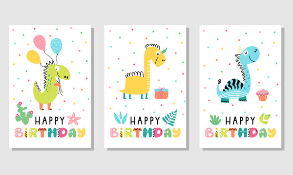 3 Birthday cards with dinosaurs