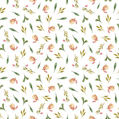 Watercolor hand painted floral seamless pattern. Green wreath, red flowers, birds on white background. Perfect for scrapbooking paper, textile design, fabric, wallpaper, wrapping paper, wedding decor