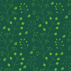 Obraz premium Vector Botanical seamless background with green twigs with berries on dark green .