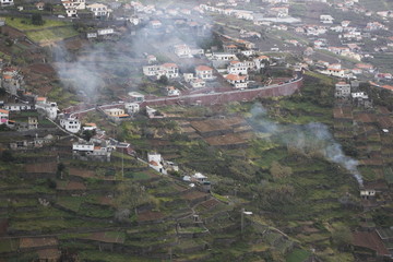 aerial view of the city with terrace fields at madeira island