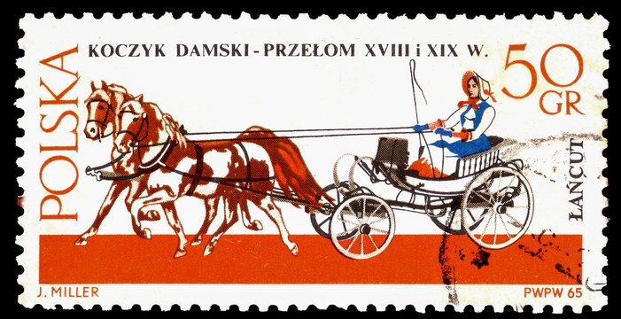 A stamp printed in Poland shows ladies chaise XVIII XIX