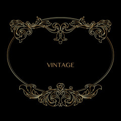 Vintage decorative golden frame with Linear floral antique swirl. Vector.