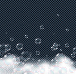 Soap foam bubbles isolated on transparent background. Realistic looking vector illustration.