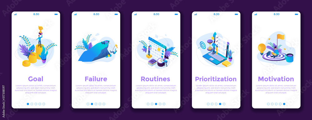Wall mural motivation mobile app onboarding flow. web site screens for mobile app development. gui, ux, ui vect