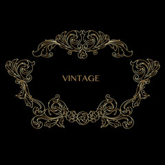 Vintage decorative golden frame with Linear floral antique swirl. Vector.