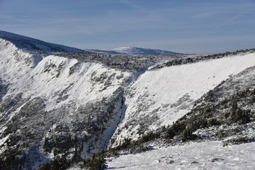 Winter trials and panorama of Karkonosze Mountains, Karkonosze National Park, Poland.