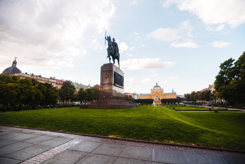 Statue of king Tomislav with Art Pavilion in background, Zagreb, Croatia