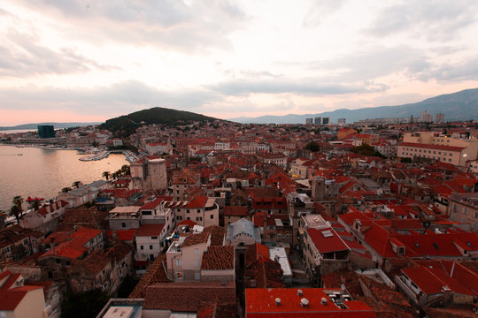 Aerial view of old town in Split at dusk, Croatia