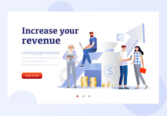 People work in a team and interact with graphs. Business, leadership, workflow management, office situations. Landing page template