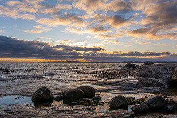 Beautiful sunset sky, Gulf of Finland and coastal view in winter, Kopparnäs (Kopparnas), Inkoo, Finland