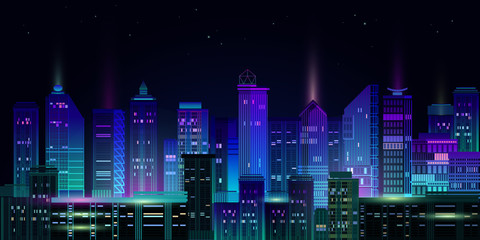 Night city panorama with neon glow on dark background. Vector.