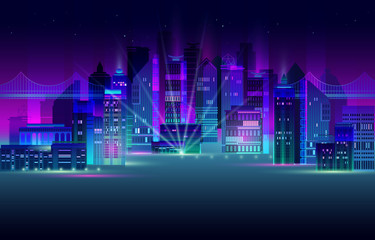 Fototapeta na wymiar Night city panorama with neon glow on dark background. Vector.