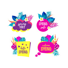 Fototapeta na wymiar Vector set of Hello Spring, Spring Vibes, Sale, Welcome Spring 3D speech bubble. Realistic banner with pink palm leaves and spa flower. Speaking bubble in different shapes