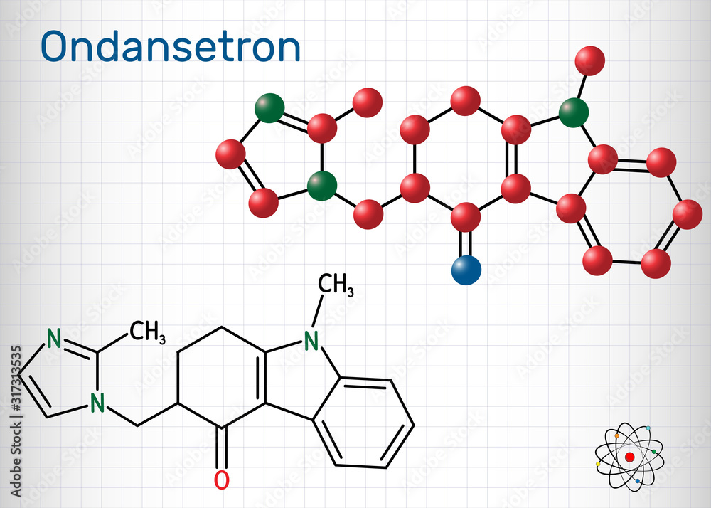 Poster ondansetron c18h19n3o molecule. it is used to treat nausea and vomiting, blocks the action of seroto