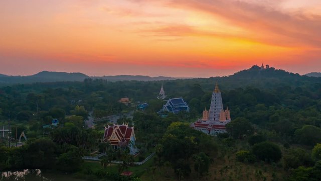 Aerial shot of sunrise over the mountains in Chonburi province of Thailand.