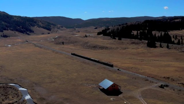 aerial view of Cumbres & Toltec Scenic Steam Train, from Chama, New Mexico to Antonito, Colorado over Cumbress Pas