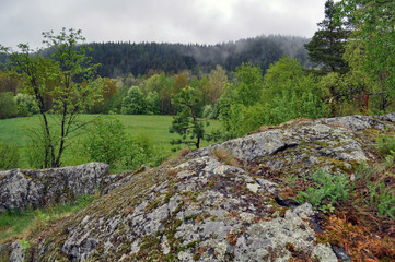 Rocky hills in the middle of meadows, against the backdrop of wooded hills on a spring foggy day