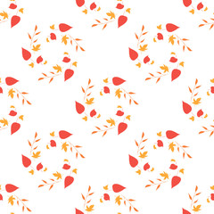Fototapeta na wymiar Seamless pattern with horizontal round frames of orange branches, yellow and red leaves on white background. Endless background for your design.