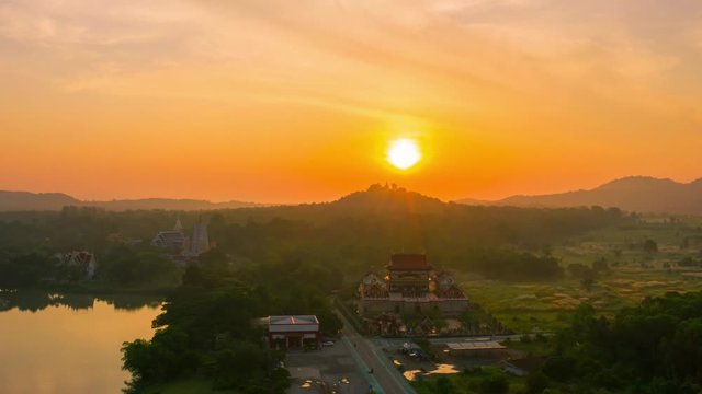 Aerial shot of sunrise over the mountains in Chonburi province of Thailand.
