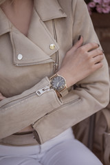 Stylish beautiful watch on woman hand.