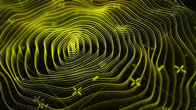 Abstract animation of digital surface map. Animation. Neon gemetric map of oscillating surface with oval markings and numbers. Neon digital seismic map of earth's surface