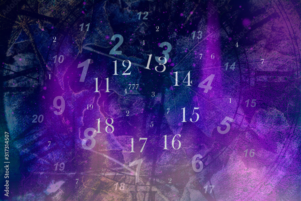 Wall mural violet background with clock and numbers