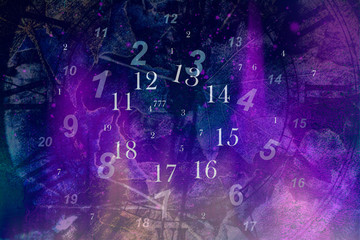 Fototapeta na wymiar Violet background with clock and numbers