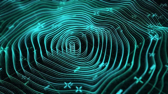 Abstract animation of digital surface map. Animation. Neon gemetric map of oscillating surface with oval markings and numbers. Neon digital seismic map of earth's surface