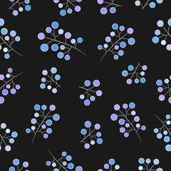 Blue, purple berries with branch on black background. Seamless season pattern.  Suitable for packaging, textile, wallpaper.
