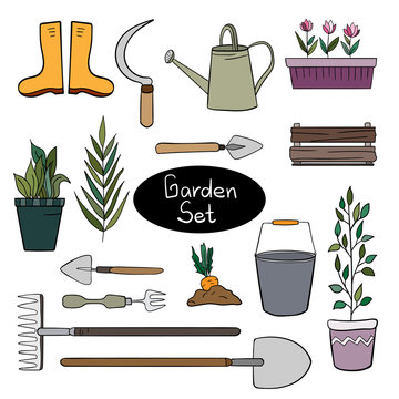 Colorful set of gardening equipment on white isolated background. Pots with plants, boots, rake, shovel, watering can, wood box, fork, sprout of carrot, bucket. Doodles.