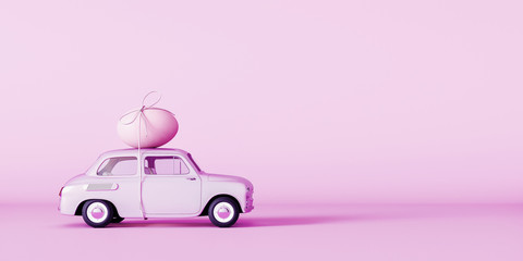 Pink car with egg on the roof, Easter concept background 3D Rendering