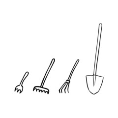 Vector set of garden tools. Drawn by hand in the doodle style with a black outline, isolated on a white background. For the design of garden shops, instructions for seeds, farm designs,flower business