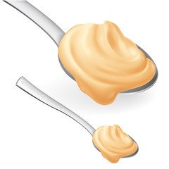 Spoon with Yellow Cream Concept of Teaspoon with Yoghurt or Sour Cream for Healthy Cooking or Baking and Confectionery. Realistic Style Trend Modern Foodie Logotype Graphic Simple Design Element
