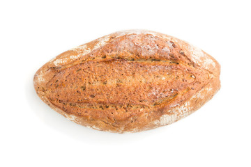 Fresh homemade golden bread with  different seeds isolated on white background. top view.