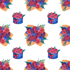 Seamless pattern with bouquets and flower boxes.