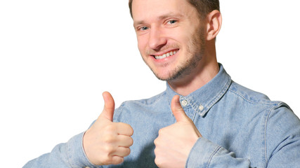 Young handsome man over isolated background happy with big smile doing ok sign, thumb up with fingers, like