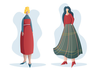 Two women in stylish outfits for every day. Casual fashion. flat design. For use in graphic design and web design.