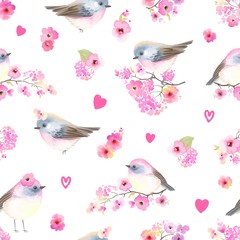 Seamless pattern with cute charming birds, hearts and flowers. Floral spring illustration, vector romantic print in vintage watercolor style. Image for Valentine day. 