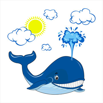 Blue whale with clouds and sun. Whale day. Vector graphics.