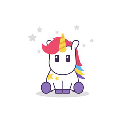 Unicorn vector icon isolated on white. Head portrait horse sticker, patch badge. Magic cartoon fantasy cute animal. Rainbow horn, pink hair. Dream symbol. Design for children