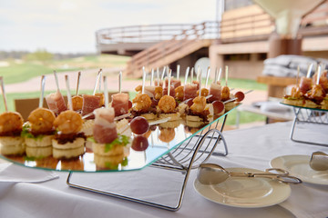 Buffet table with snacks, canape and appetizers at luxury wedding reception outdoors, copy space. Serving food at event. Catering banquet table