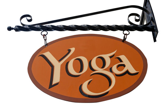 Hanging YOGA Sign Attached To Metal Bracket. Isolated. 